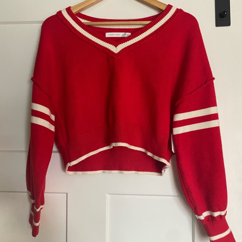 Altar'd State Red and Cream V-Neck Sweater